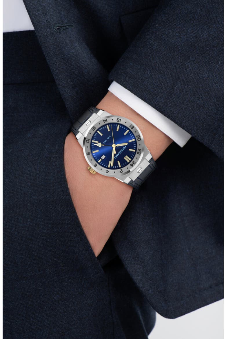 F-80 Classic GMT Leather Strap Watch, 41mm, Alternate, color, STAINLESS STEEL/ BLUE