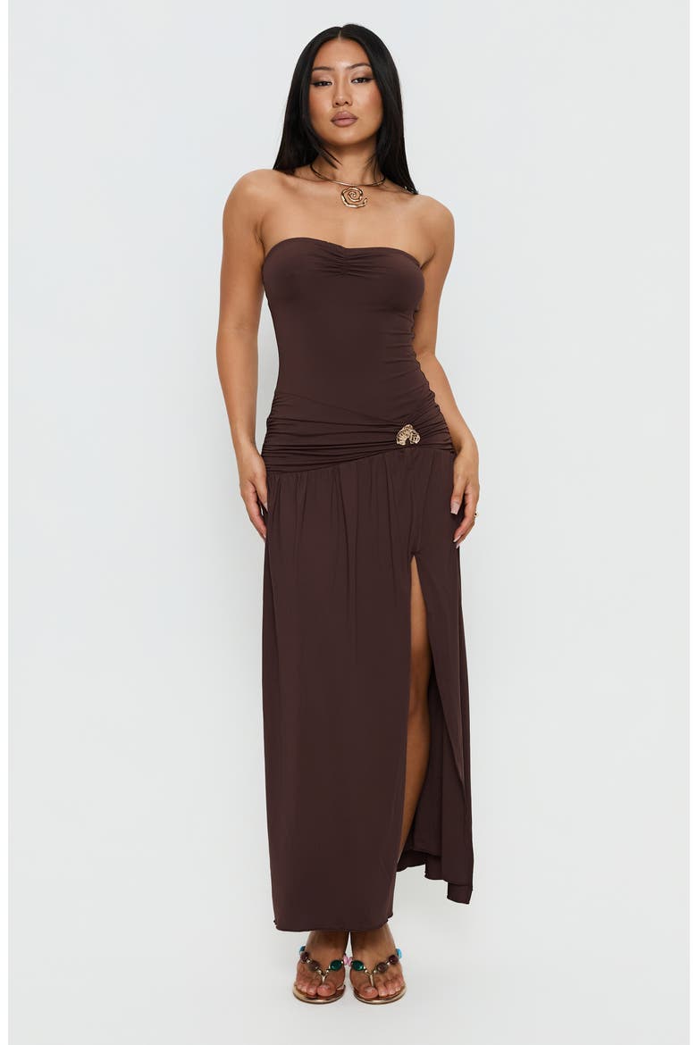 Alexe Ruched Strapless Maxi Dress, Alternate, color, CHOCOLATE