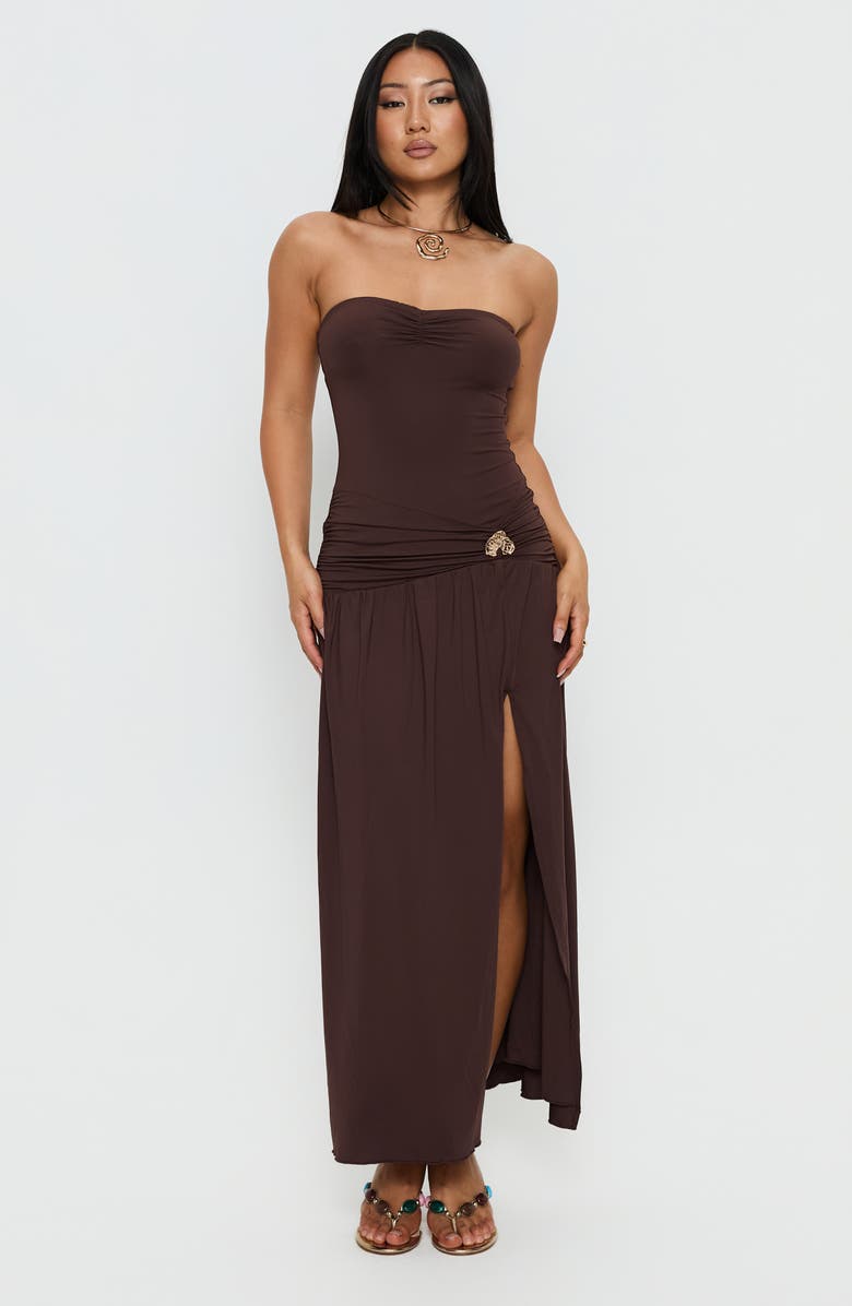 Princess Polly Alexe Ruched Strapless Maxi Dress, Alternate, color, Chocolate