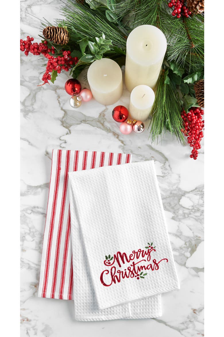 Merry Christmas Holly Leaves Waffle Weave Cotton Kitchen Towel, Alternate, color, White