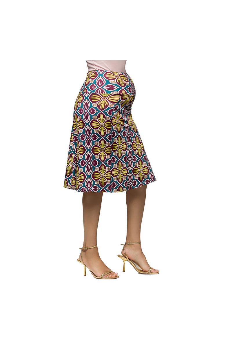 24seven Comfort Apparel Maternity Bright Floral Print Elastic Waist Knee Length Skirt, Alternate, color, Green Multi