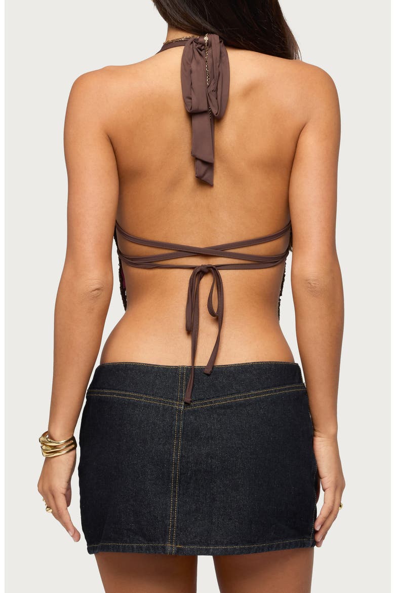 Butterfly Sequin Open Back Halter Top, Alternate, color, BROWN