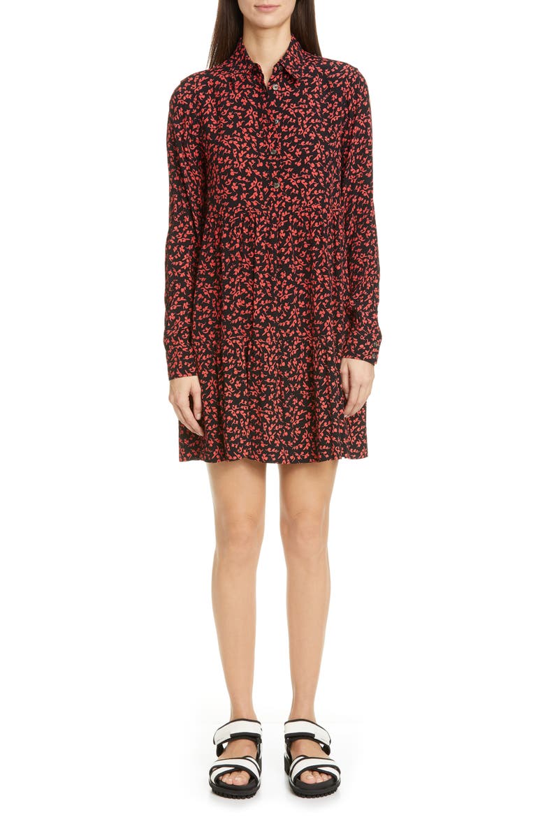 Floral Logo Print Crepe Long Sleeve Shirtdress, Main, color, BLACK