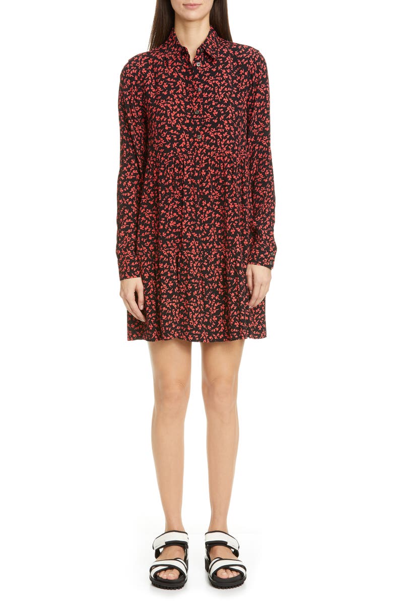 Ganni Floral Logo Print Crepe Long Sleeve Shirtdress, Main, color, 