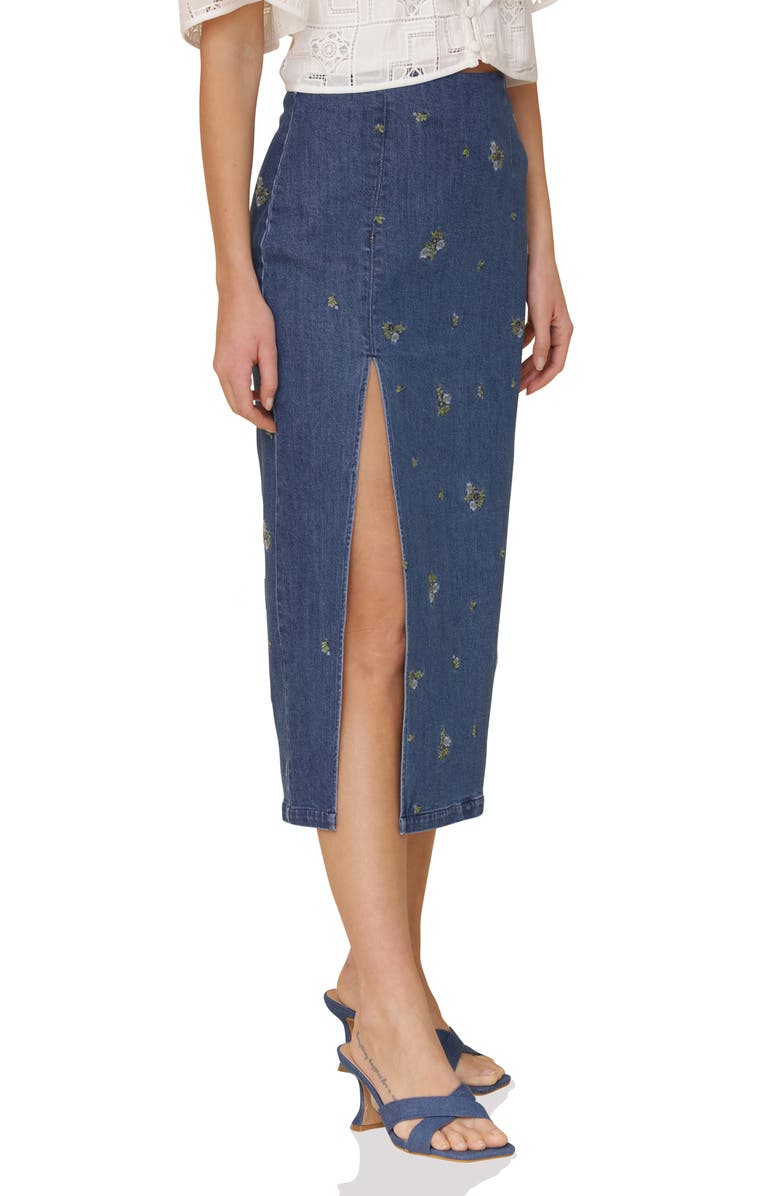 Avec Les Filles Floral Embroidered High Slit Denim Midi Skirt, Alternate, color, Kauri Wash W Ditsy F