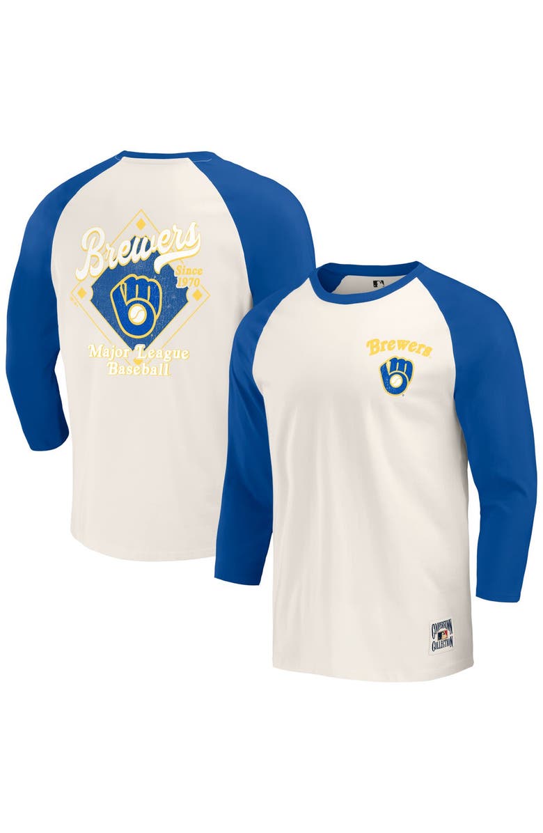 Darius Rucker Collection by Fanatics Men's Darius Rucker Collection by Fanatics Royal/White Milwaukee Brewers Cooperstown Collection Raglan 3/4-Sleeve T-Shirt, Main, color, 