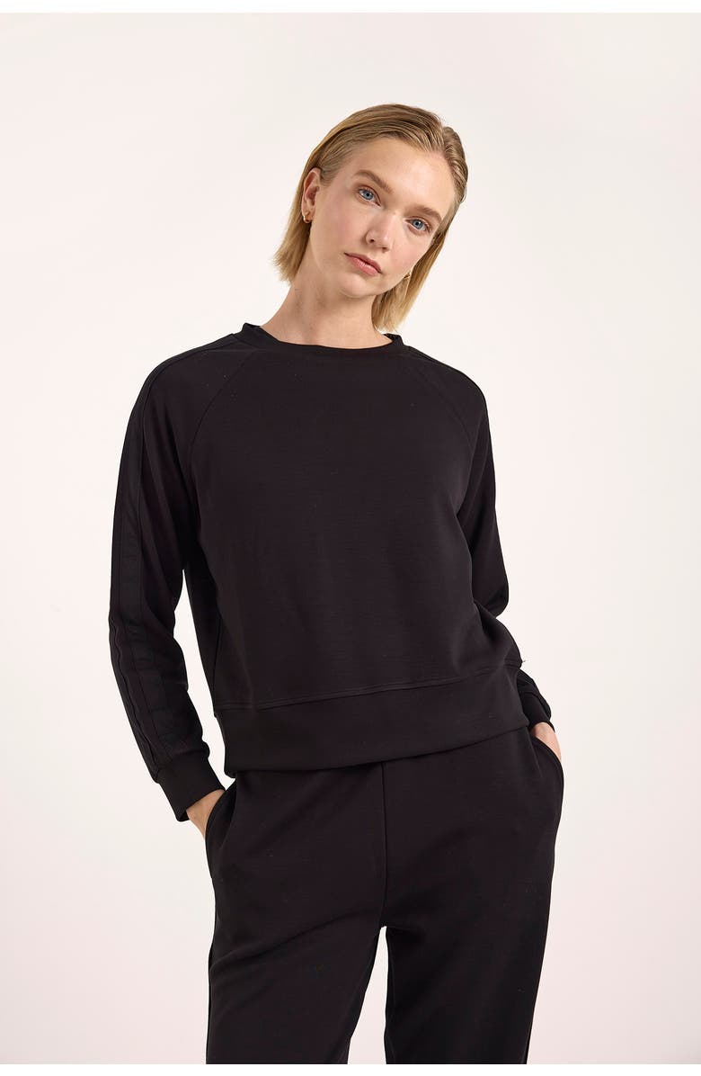 Brodie Pure Cashmere Stripe Sleeve Crew Neck Sweatshirt, Main, color, Black