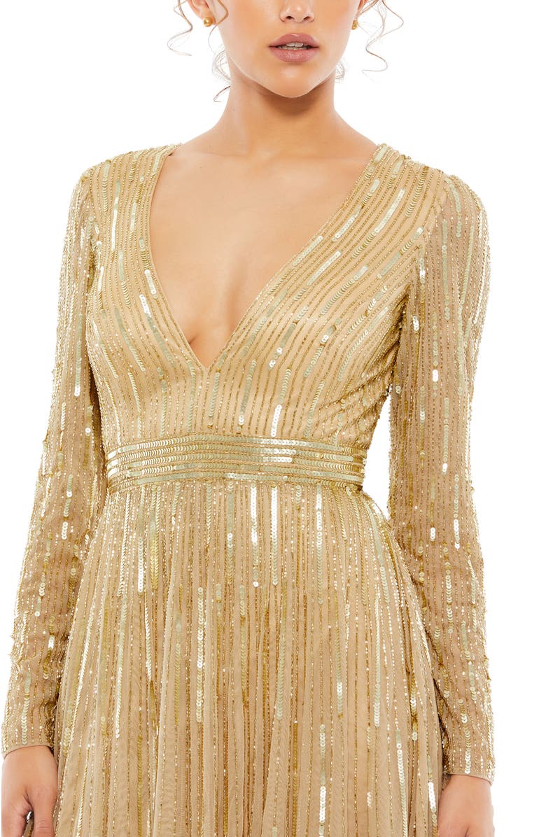 Mac Duggal Sequined Long Sleeve Plunging V-Neck Gown, Alternate, color, Taupe