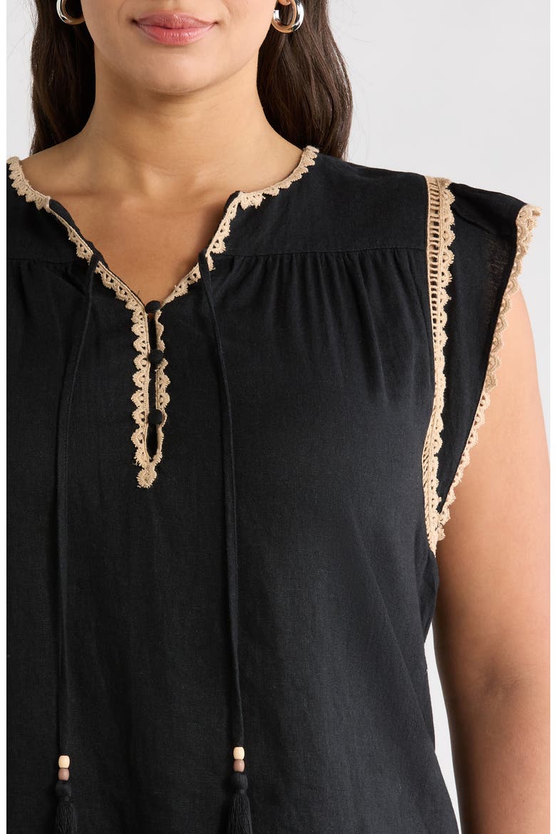 Crochet Trim Linen Blend Top, Alternate, color, BLACK
