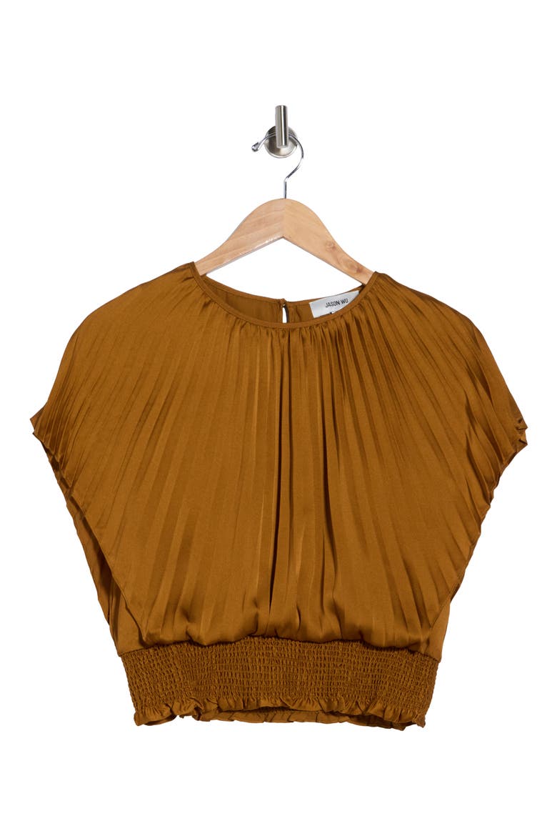 Pleated Smocked Waist Top, Alternate, color, BROWN MUSTARD