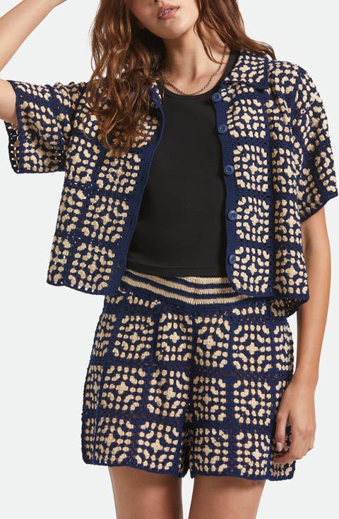 Cotton Crochet Short Sleeve Button-Up Sweater