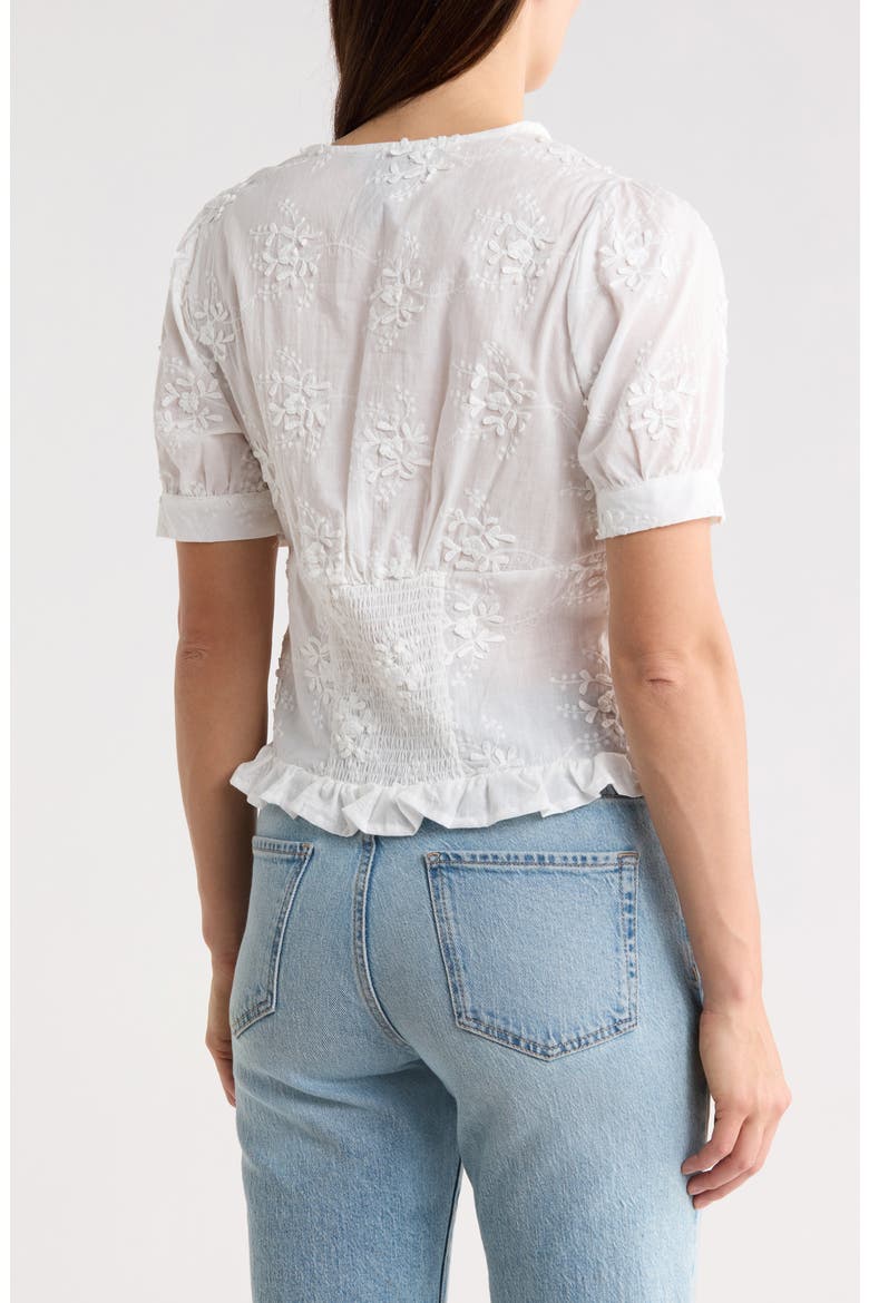 Eyelet Short Sleeve Button-Up Crop Top, Alternate, color, WHITE