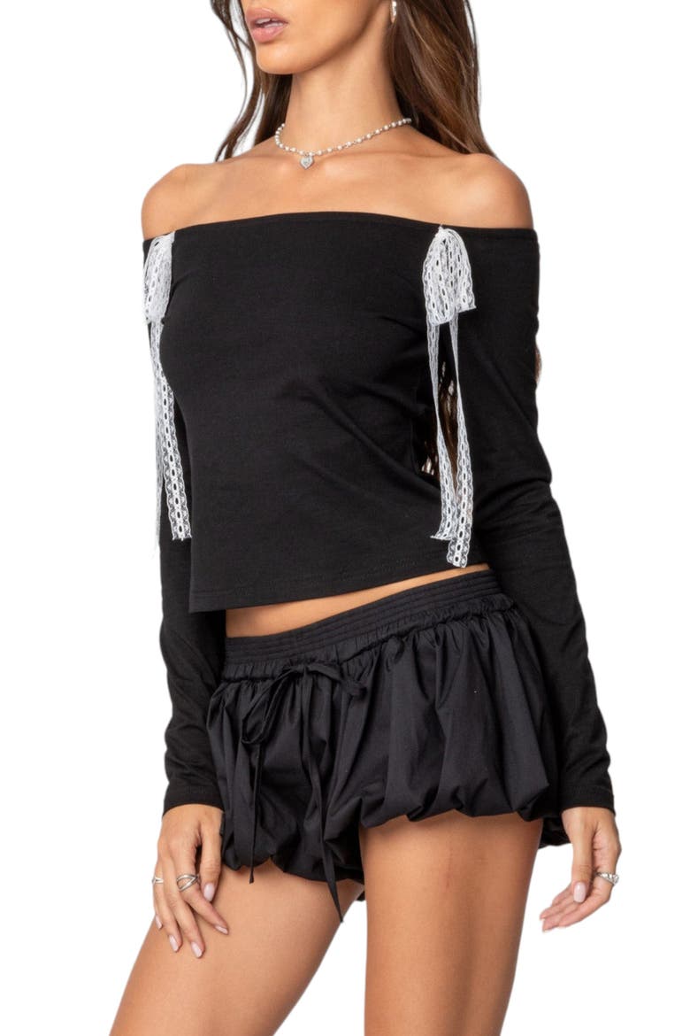 Lace Bow Detail Off the Shoulder Top, Alternate, color, BLACK