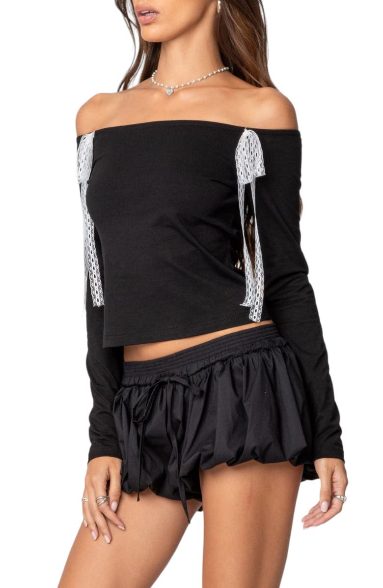 EDIKTED Lace Bow Detail Off the Shoulder Top, Alternate, color, Black