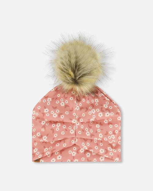Deux Par Deux Girl's Printed Jersey Detachable Pompom Hat Small White Flowers On Pale Pink In White Flowers On Pale Pink