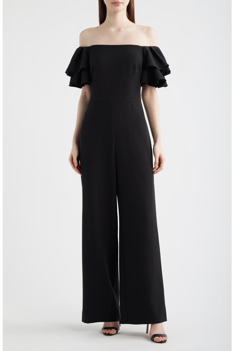 Ruffle Sleeve Off the Shoulder Jumpsuit, Main, color, BLACK