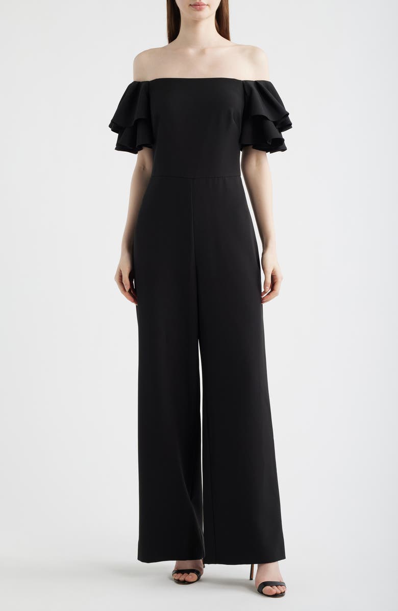 Eliza J Ruffle Sleeve Off the Shoulder Jumpsuit, Main, color, Black