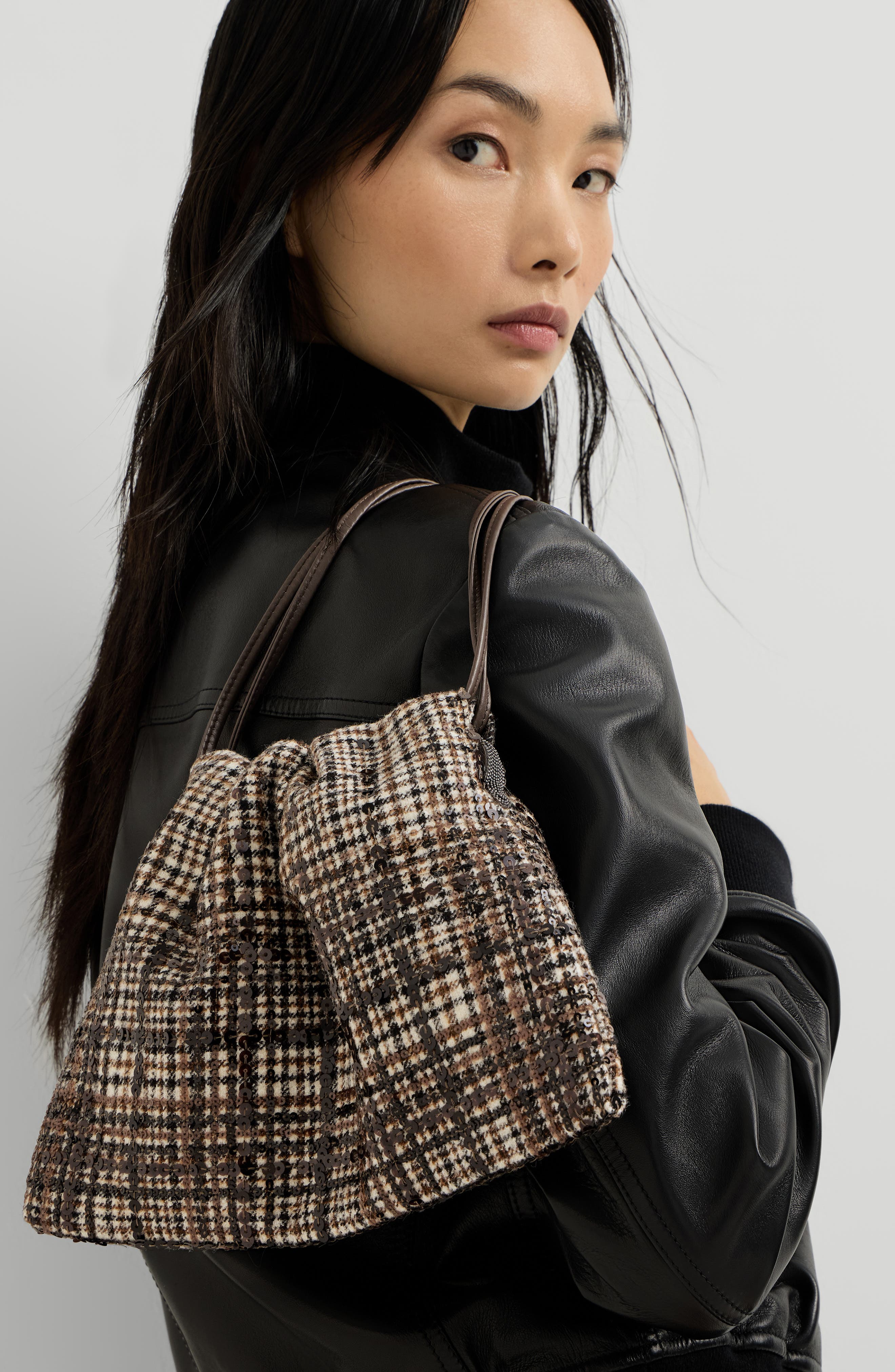 Pouch bag in water-resistant checked alpaca and wool with dazzling degradé embroidery, Alternate, color, Brown