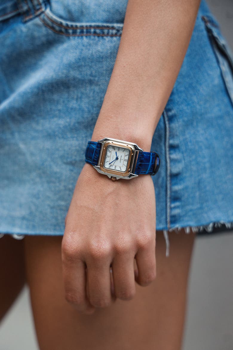 Slim Leather Tank Watch- 36MM, Alternate, color, Blue