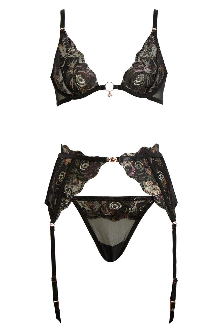 Lace Underwire Bra, G-String & Garter Belt Set, Alternate, color, BLACK