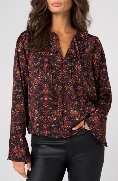 Pintuck Split Neck Sateen Top