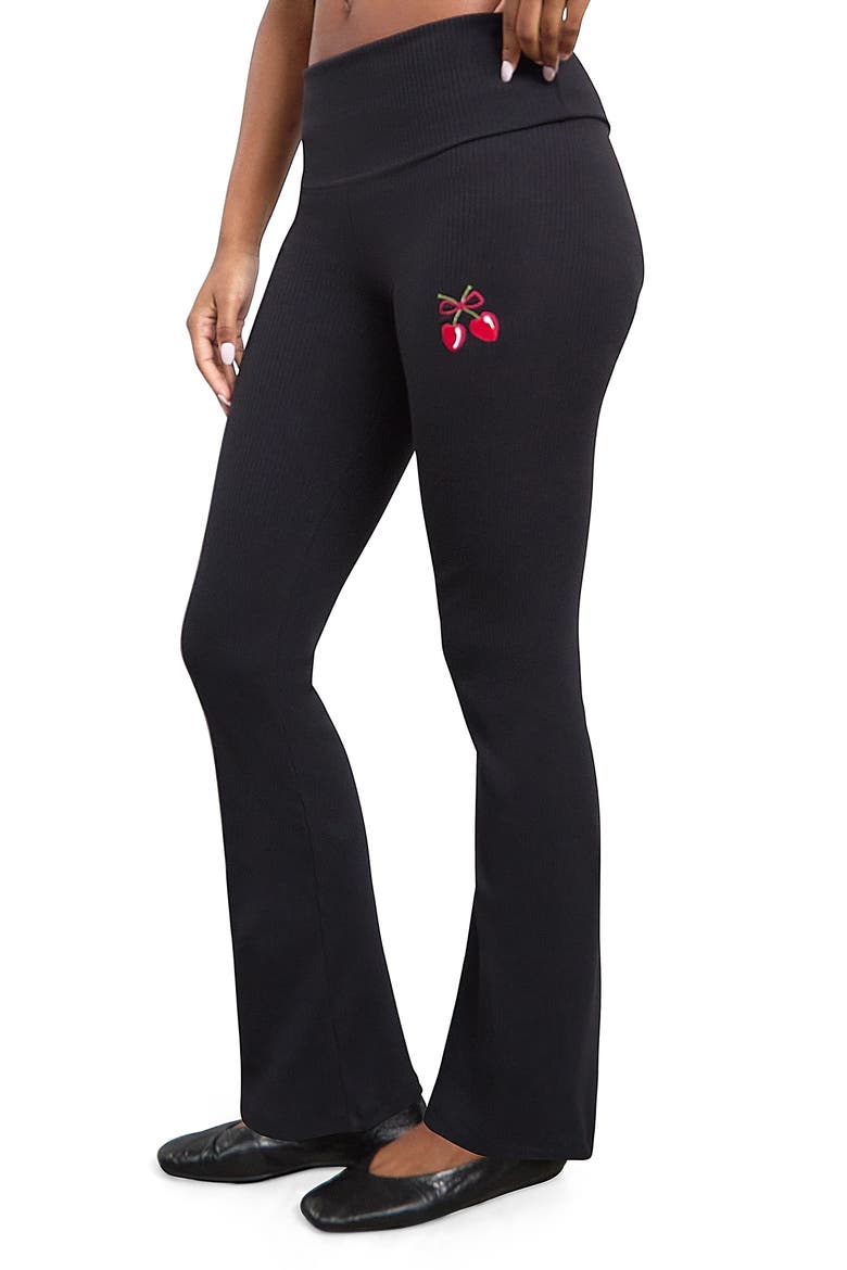 Cherry High Waist Foldover Rib Pants, Alternate, color, BLACK