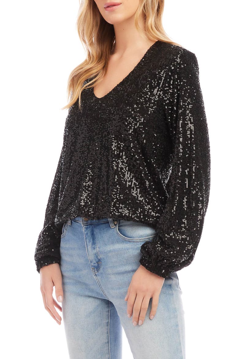 Sequin Blouson Sleeve Top, Alternate, color, BLACK