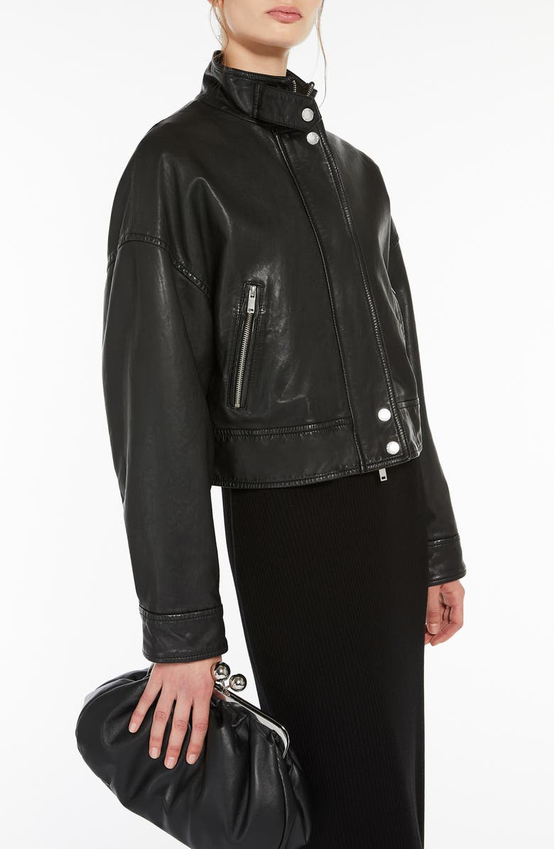 Weekend Max Mara Angel Stand Collar Leather Jacket, Alternate, color, Black