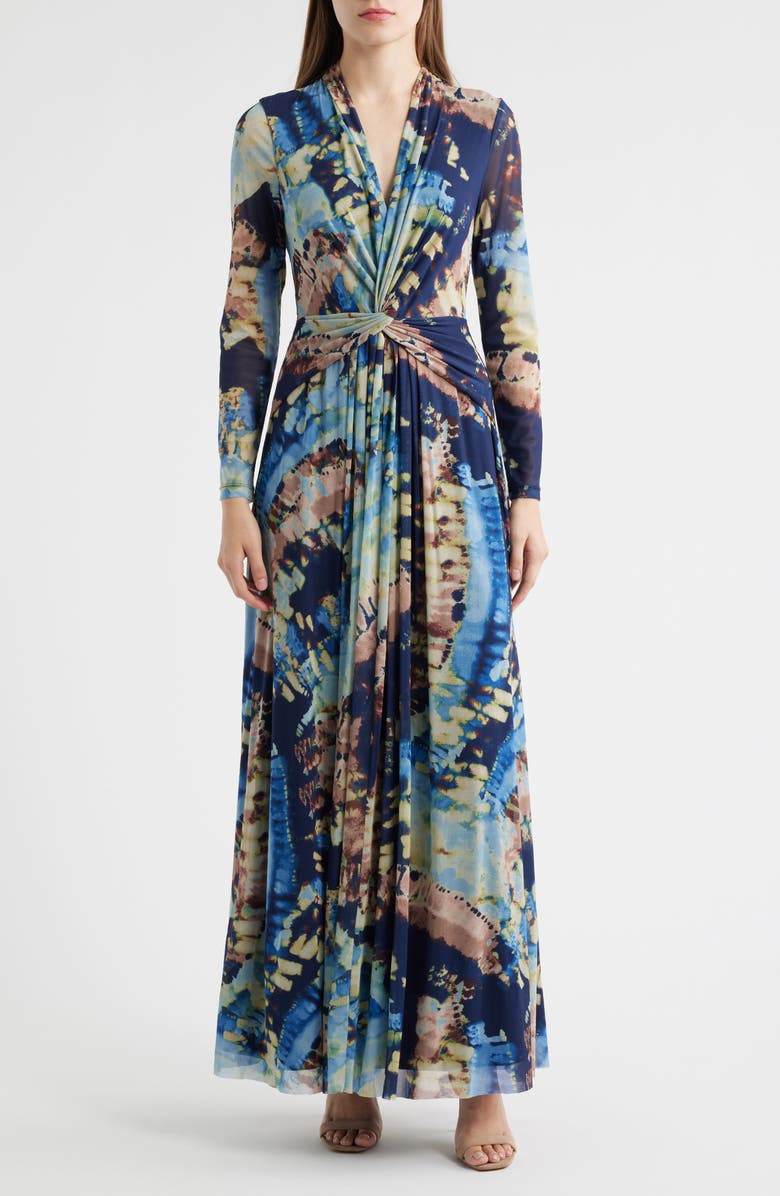 Anne Klein Abstract Print Twist Front Long Sleeve Mesh Maxi Dress, Main, color, Blue Tide Multi