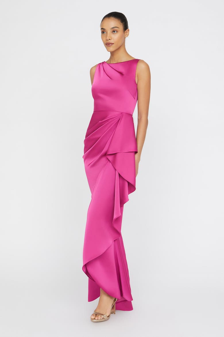 Harper Draped Wrap Bateau Neck Satin Faux Wrap Gown, Alternate, color, Shadow Rose