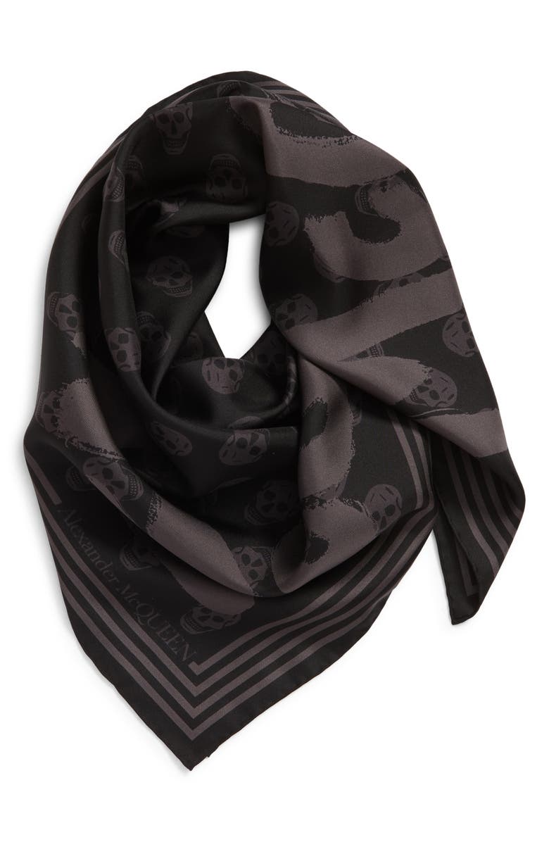 McQueen Alexander McQueen Graffiti Logo Skull Print Silk Biker Scarf, Alternate, color, 