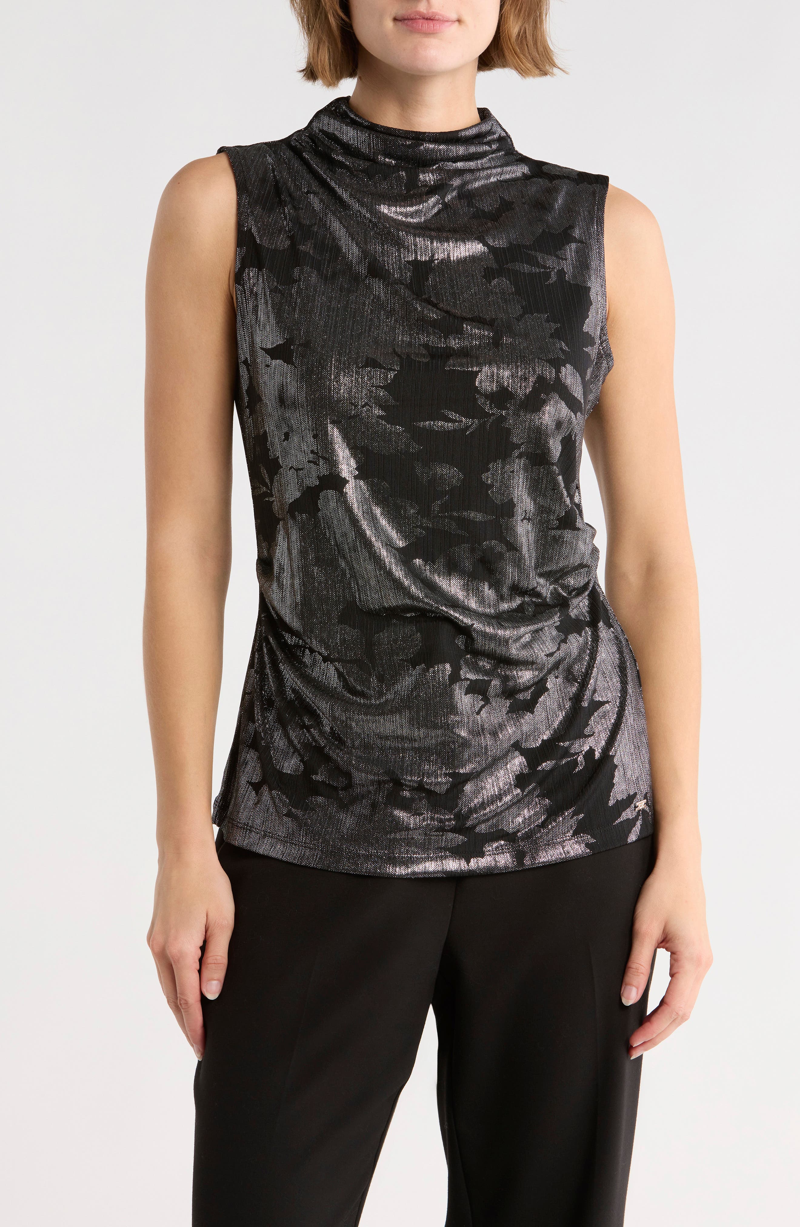 Calvin Klein Ruched Mock Neck Sleeveless Top