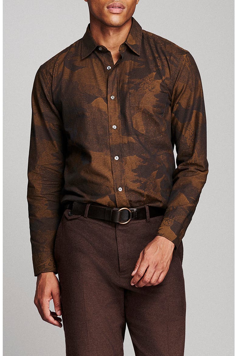Cypress Archive Peacock Cotton Jacquard Button-Up Shirt, Main, color, BROWN MULTI