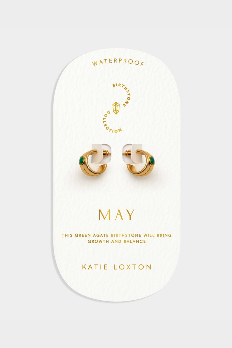 'May' Waterproof Gold Birthstone Hoop Earrings, Main, color, May