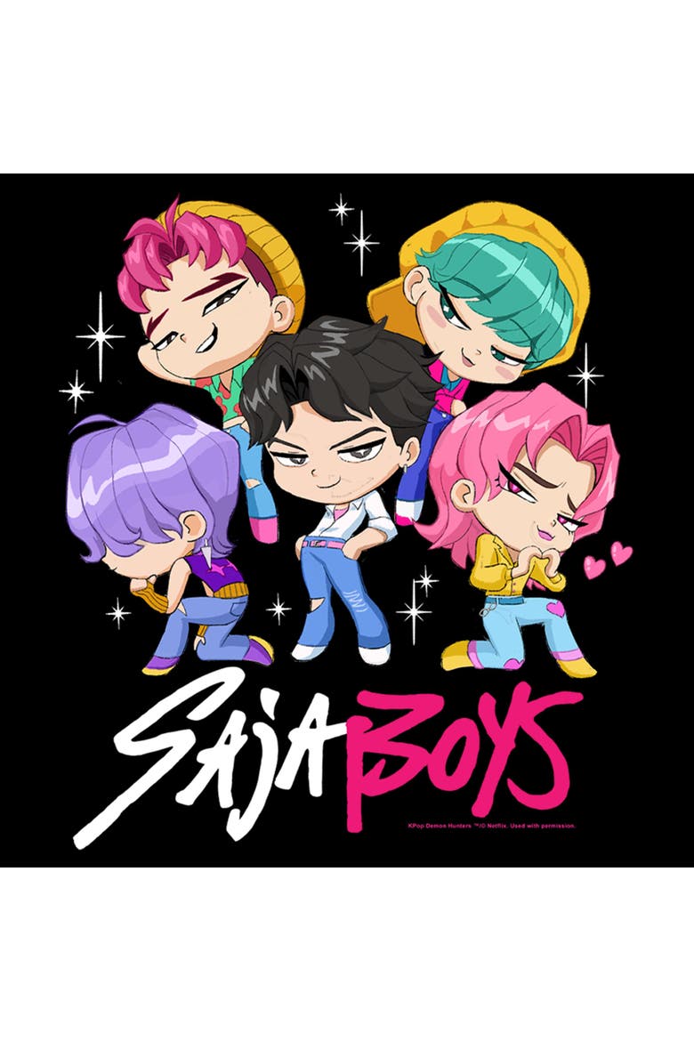 Junior's KPop Demon Hunters Saja Boys Chibi Group  Sweatshirt, Alternate, color, Black