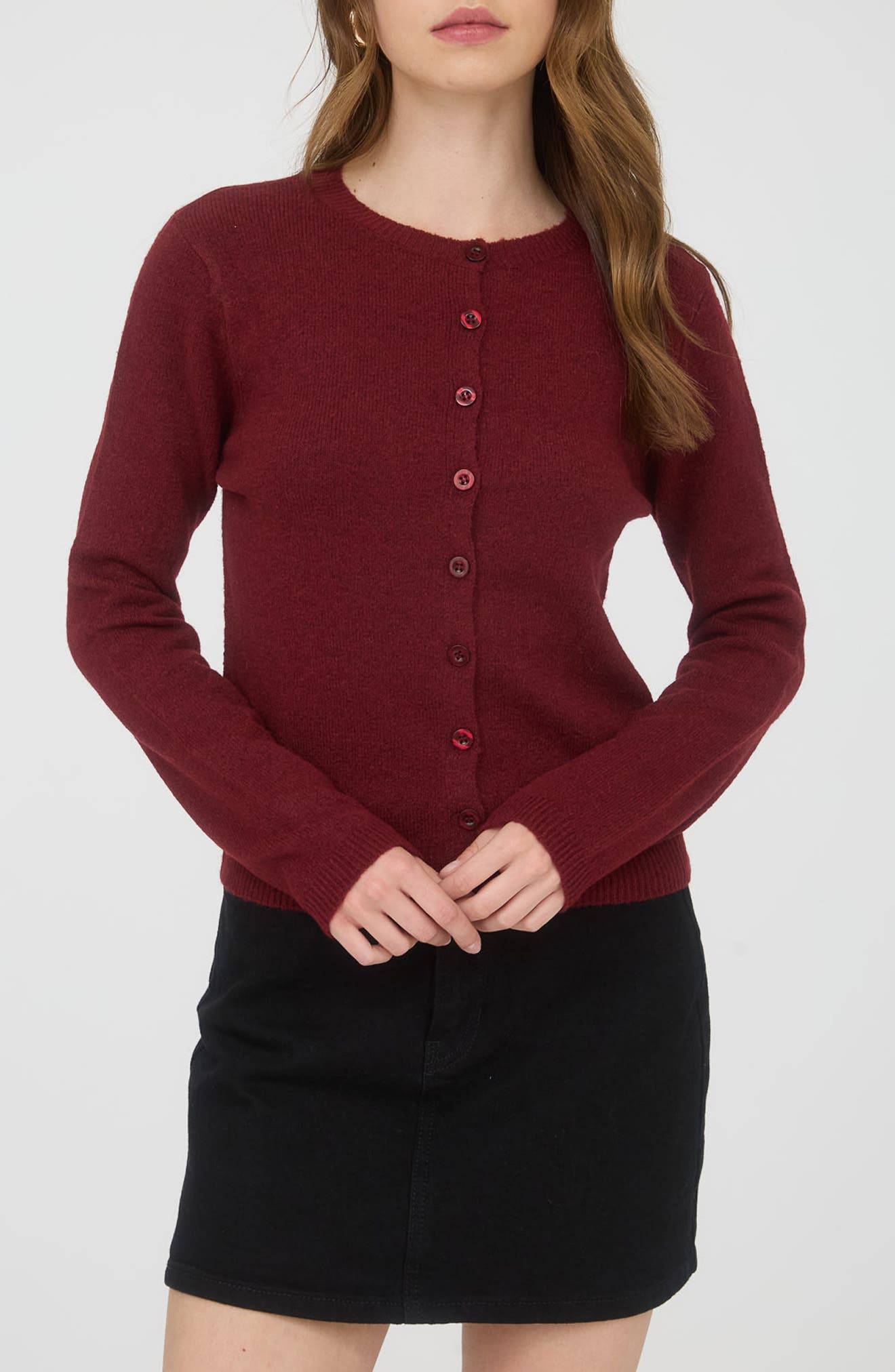 Blu Pepper Button Front Crop Cardigan In Burgundy