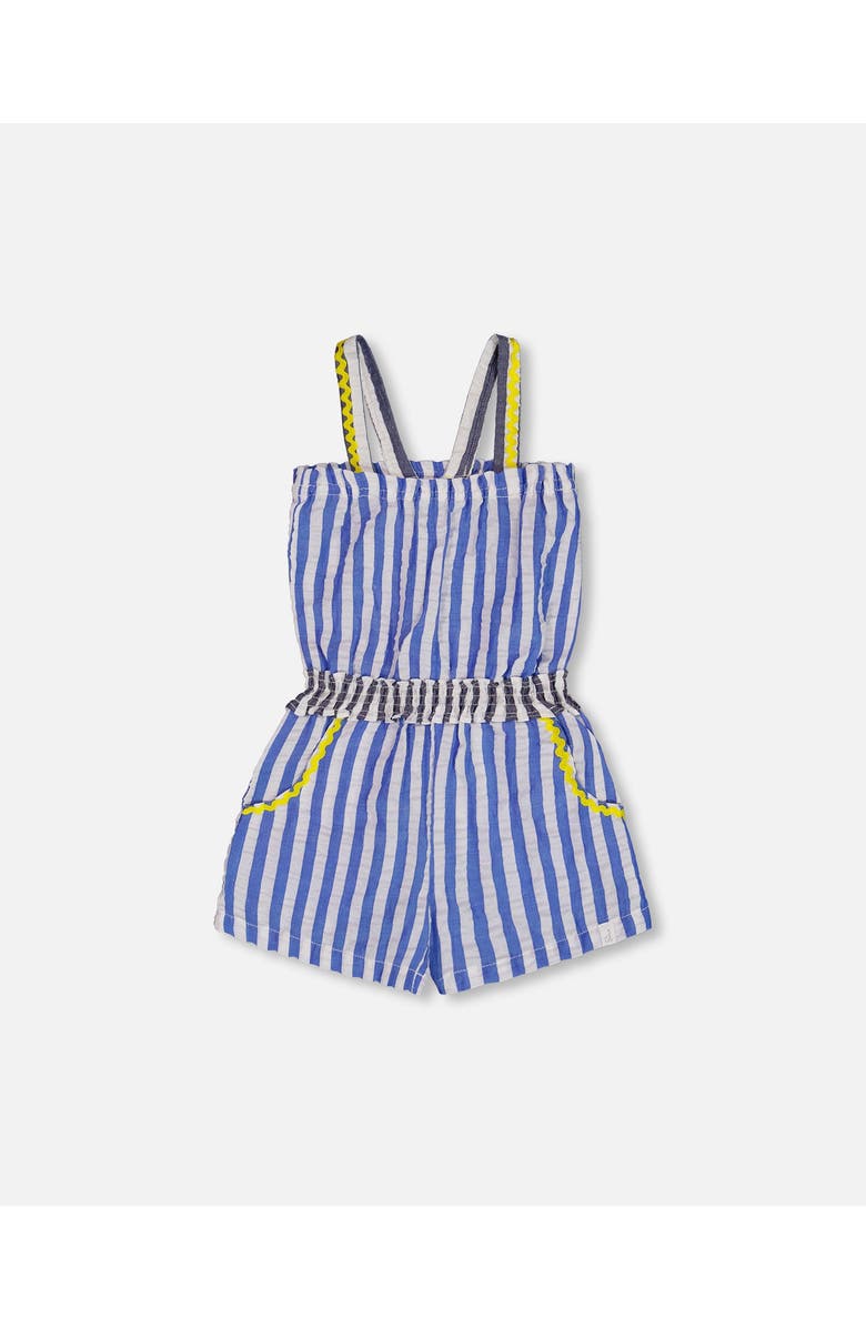 Deux par Deux Girl's Sleeveless Seersucker Romper Blue And White Striped, Main, color, Blue And White Striped