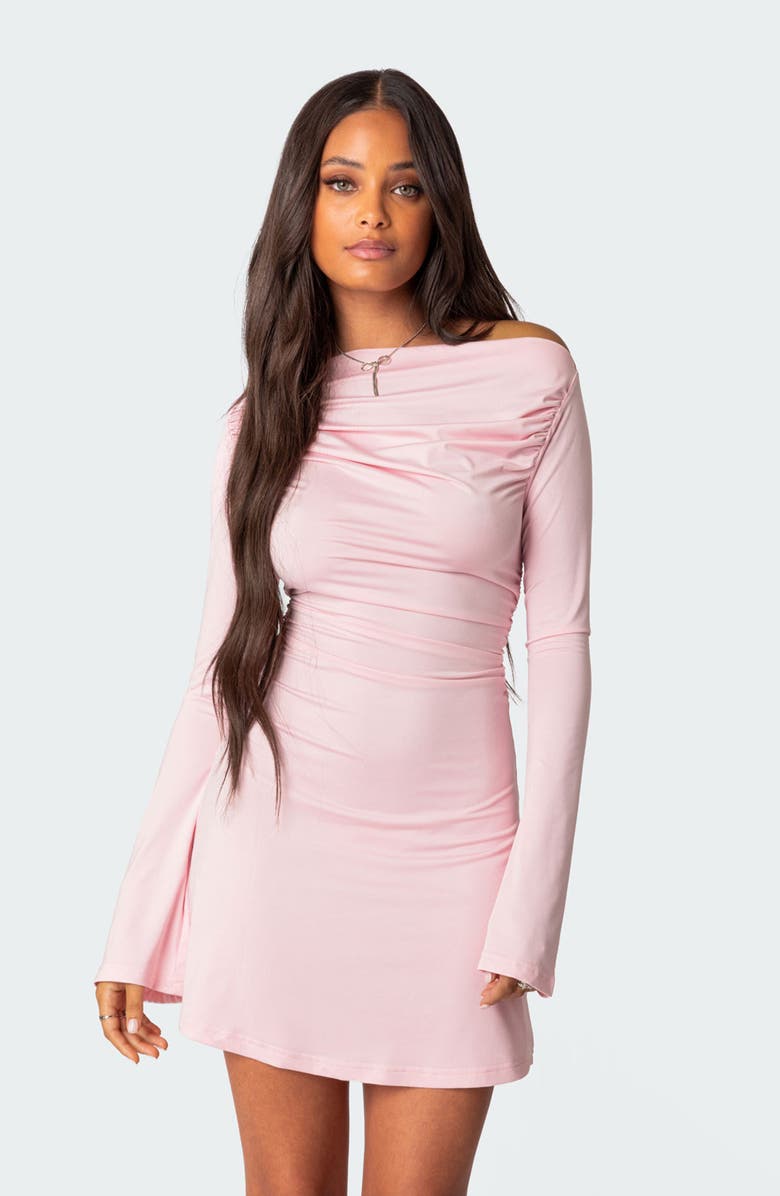 EDIKTED Leena Ruched Off the Shoulder Long Sleeve Minidress, Alternate, color, Pink