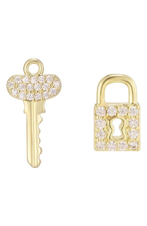 Cubic Zirconia Lock and Key Stud Earrings