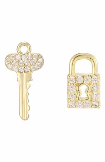Cubic Zirconia Lock and Key Stud Earrings