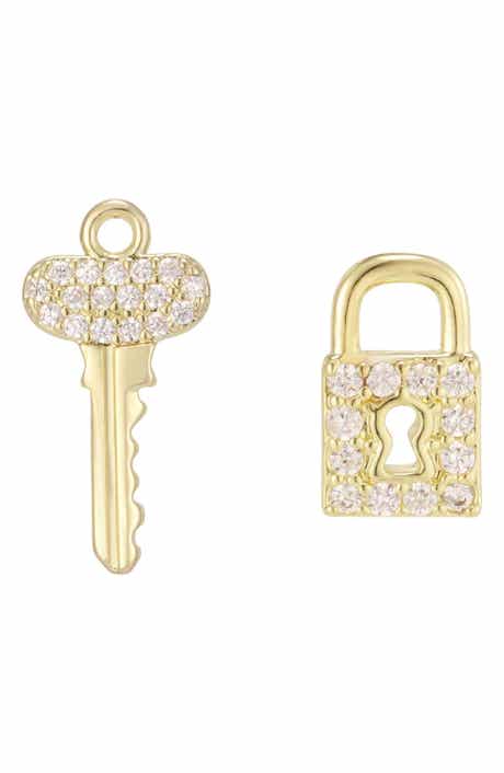 Cubic Zirconia Lock and Key Stud Earrings