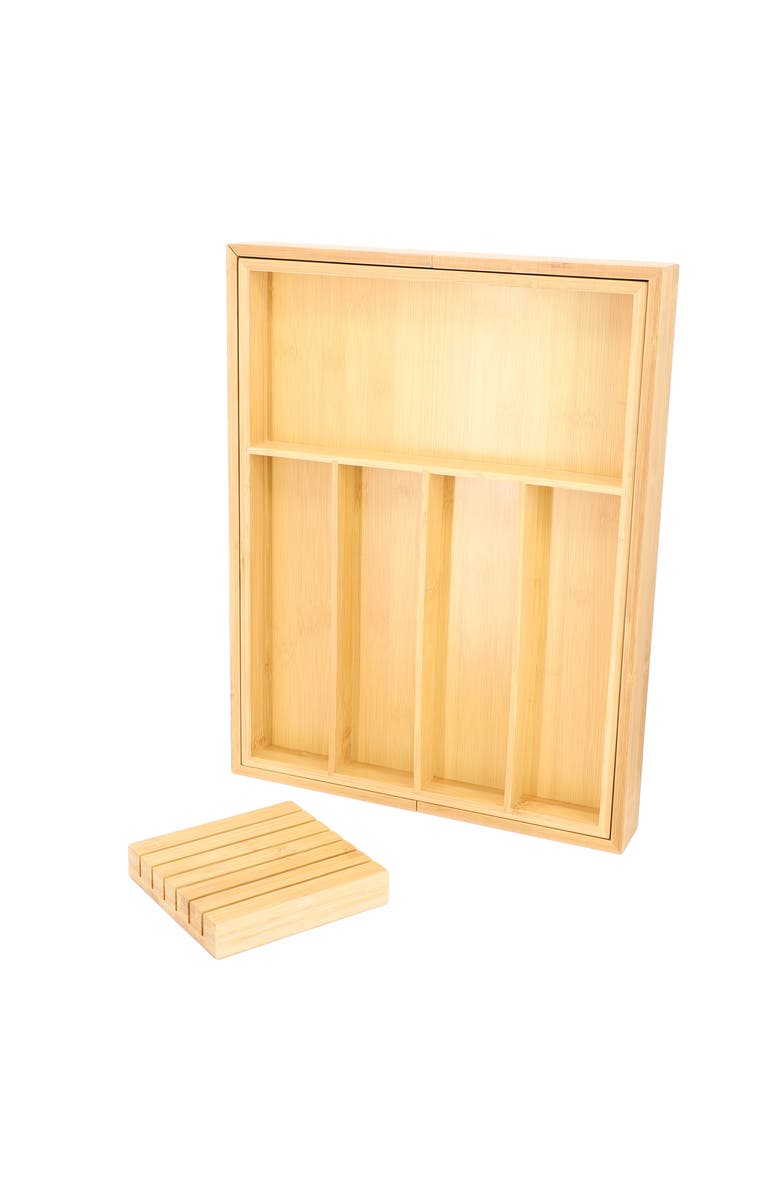 Megachef Adjustable Wood Drawer Storage and Organization Tray with Removable Knife Block, Alternate, color, Bamboo