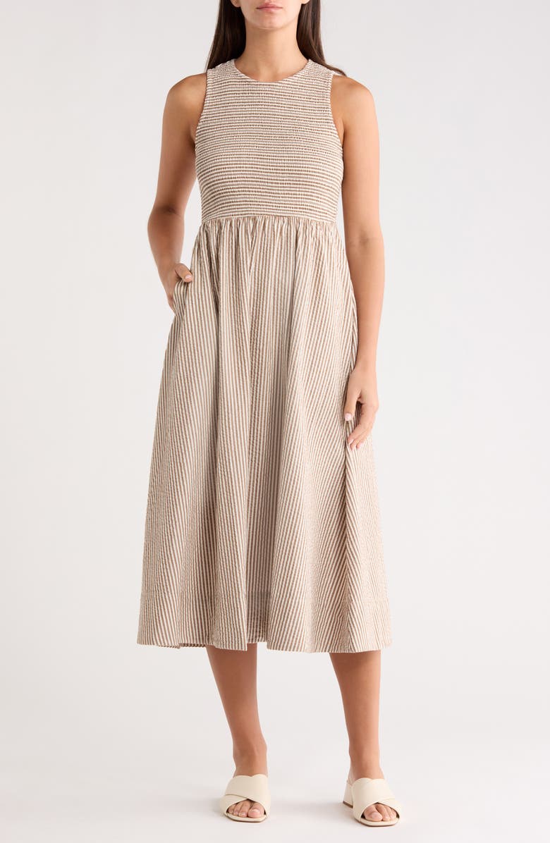 Marine Layer Darcy Stripe Cotton Blend Seersucker Dress, Main, color, Mocha Stripe