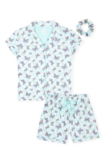 Cloud Nine Two-piece Short Pajamas & Scrunchie Set In Turquoise