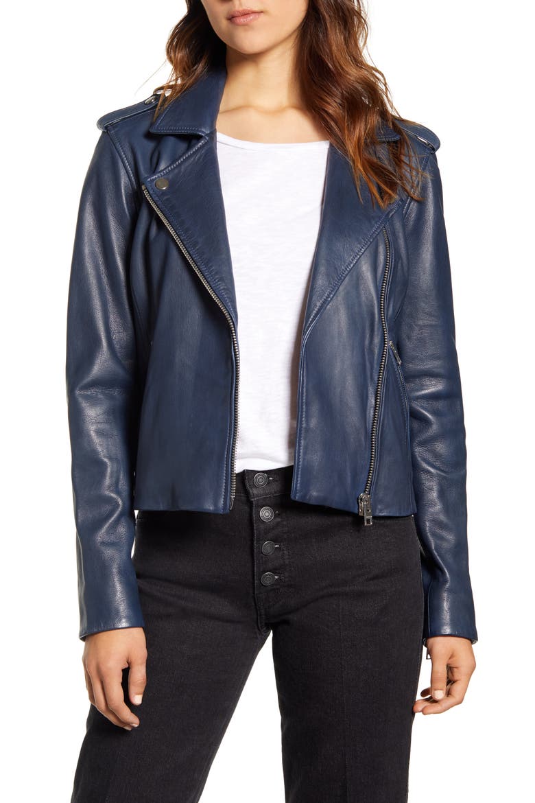 Core Leather Moto Jacket, Main, color, NAVY BLUE