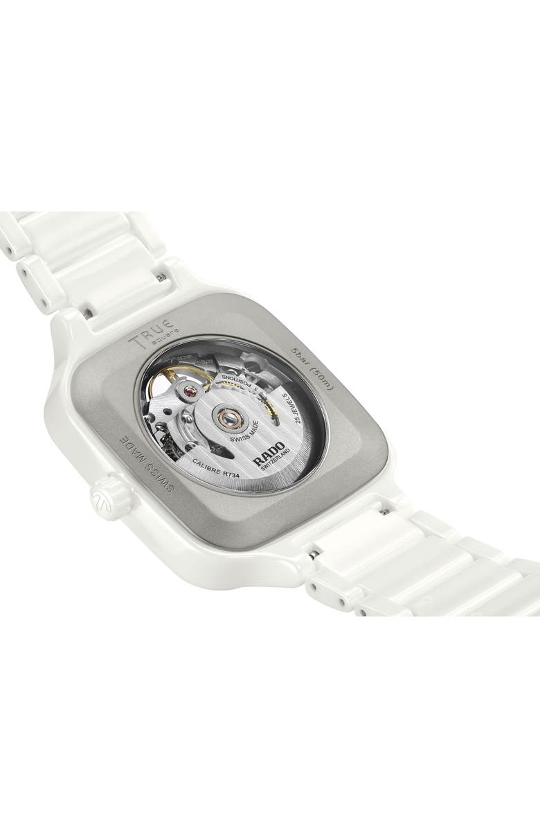 RADO True Square Automatic Open Heart Ceramic Bracelet Watch, 38mm, Alternate, color, White