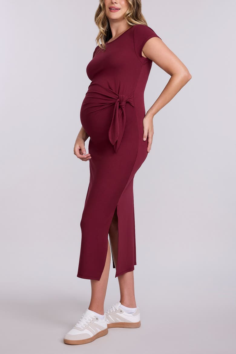 Crew Neck Short Sleeve Side Tie Maternity Midi Dress, Alternate, color, Tawny Port