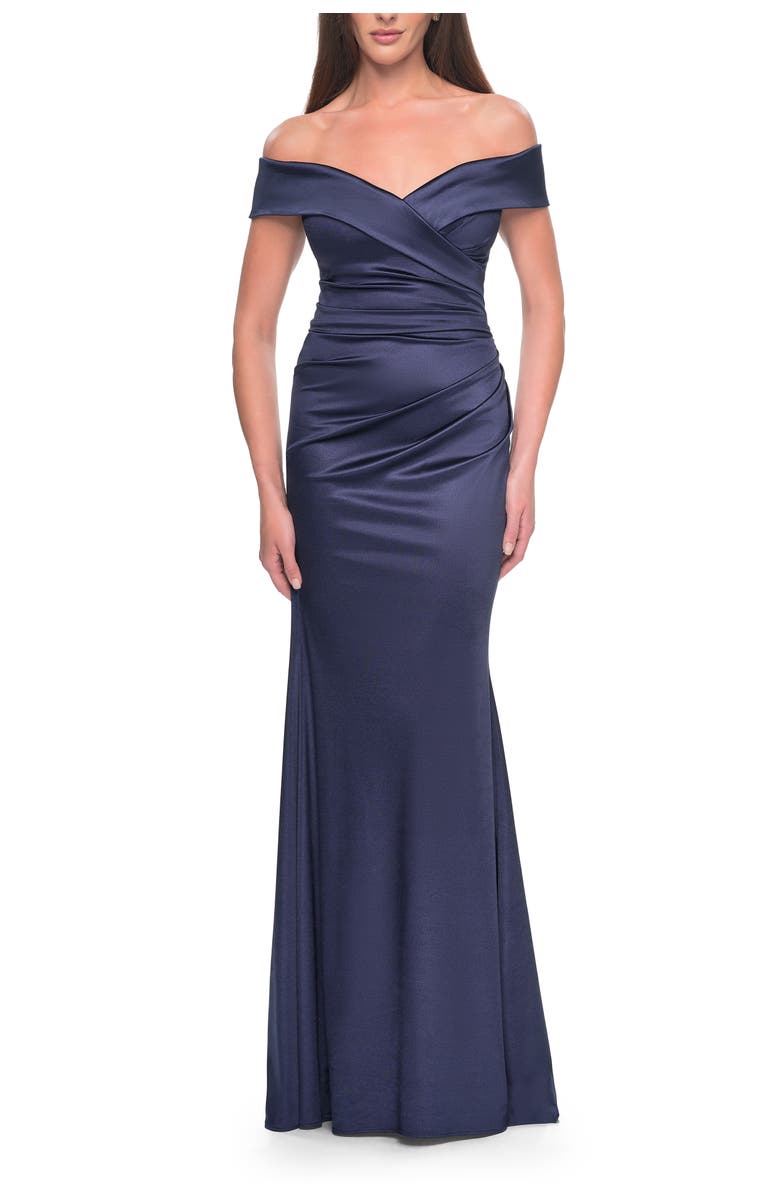La Femme Off the Shoulder Stretch Satin Evening Dress, Main, color, Navy