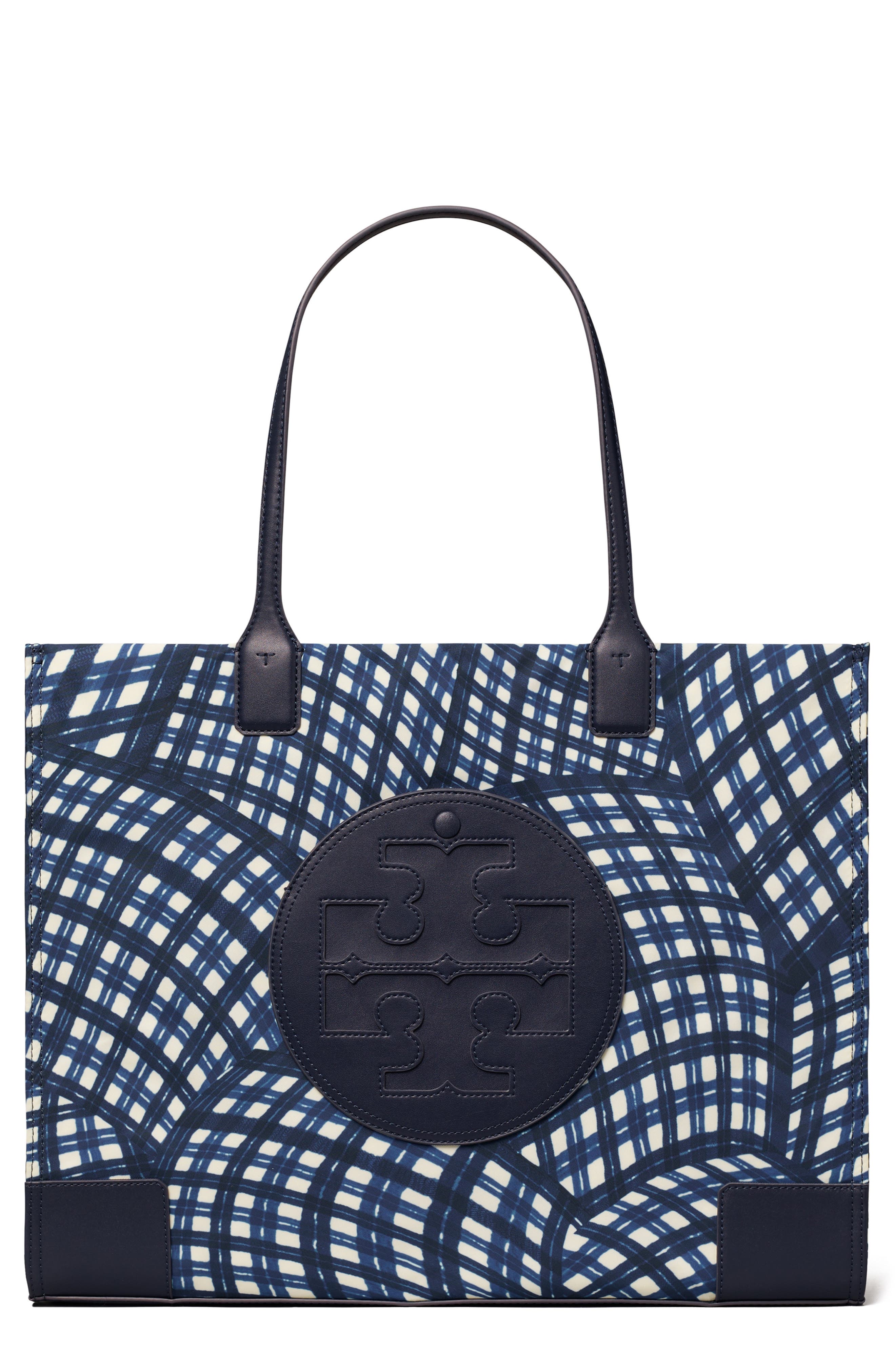 Tory Burch Ella Print Tote, Main, color, Navy Warped Gingham