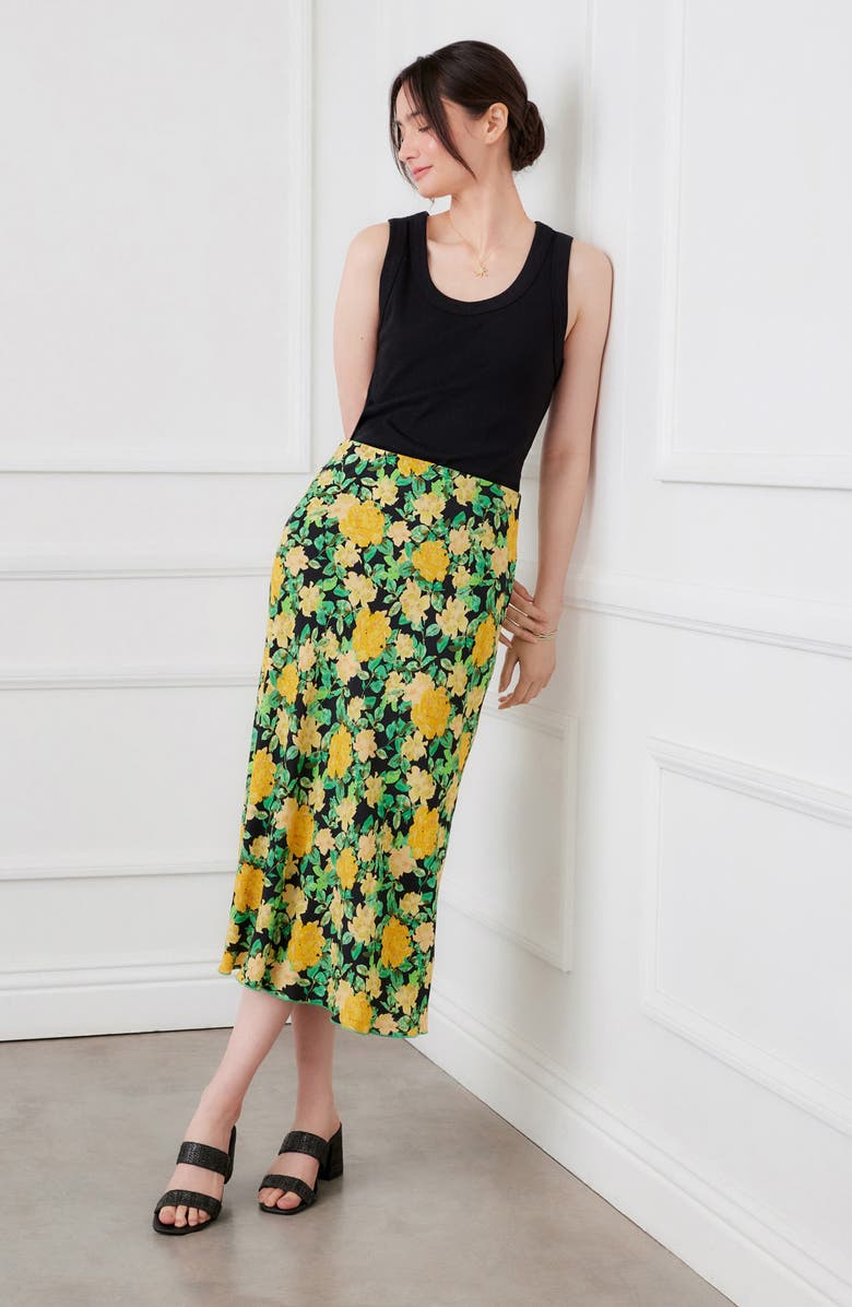 Karen Kane Floral Print Bias Cut Midi Skirt, Alternate, color, Yellow Floral